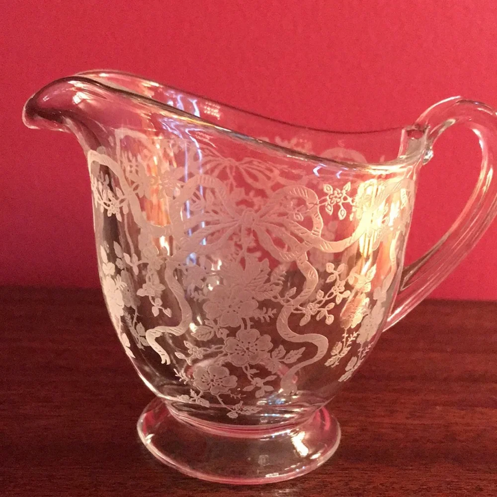 Antique Vintage Etched Roses & Ribbons Bows Sugar Bowl & Creamer Glass Set